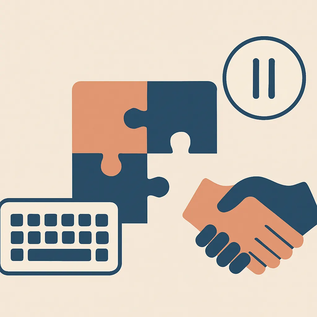 Minimal illustration of a jigsaw piece, keyboard key, pause symbol, and cooperative hands indicating accessible, calm puzzle design.