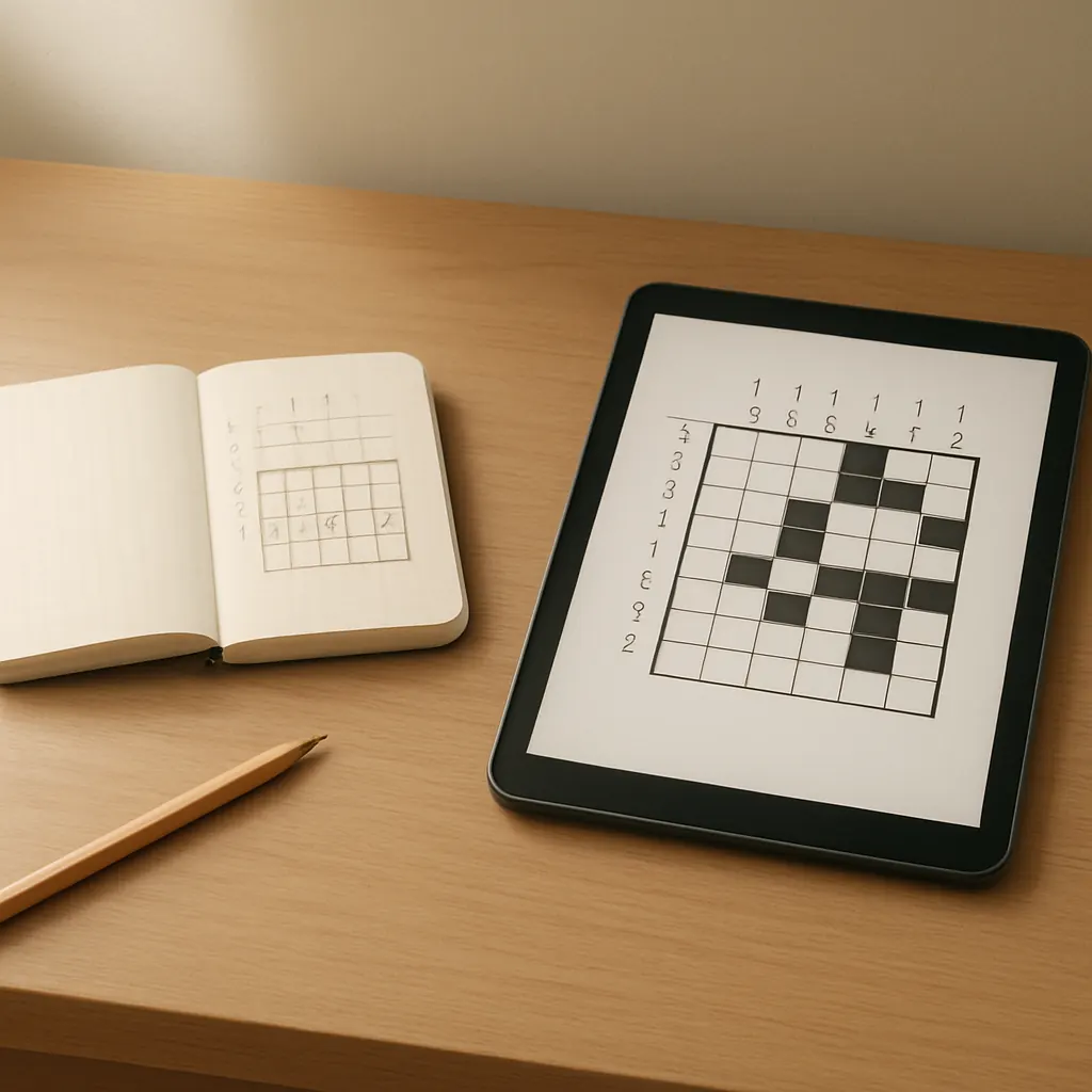 Pencil, notebook with logic grid, and tablet showing a nonogram on a wooden table in soft light