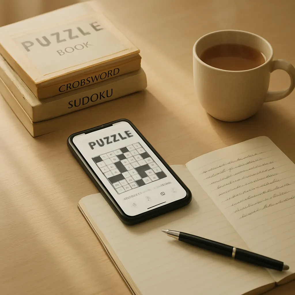 Calm desk with puzzle books, phone showing puzzle app, notebook, pen and cup of tea