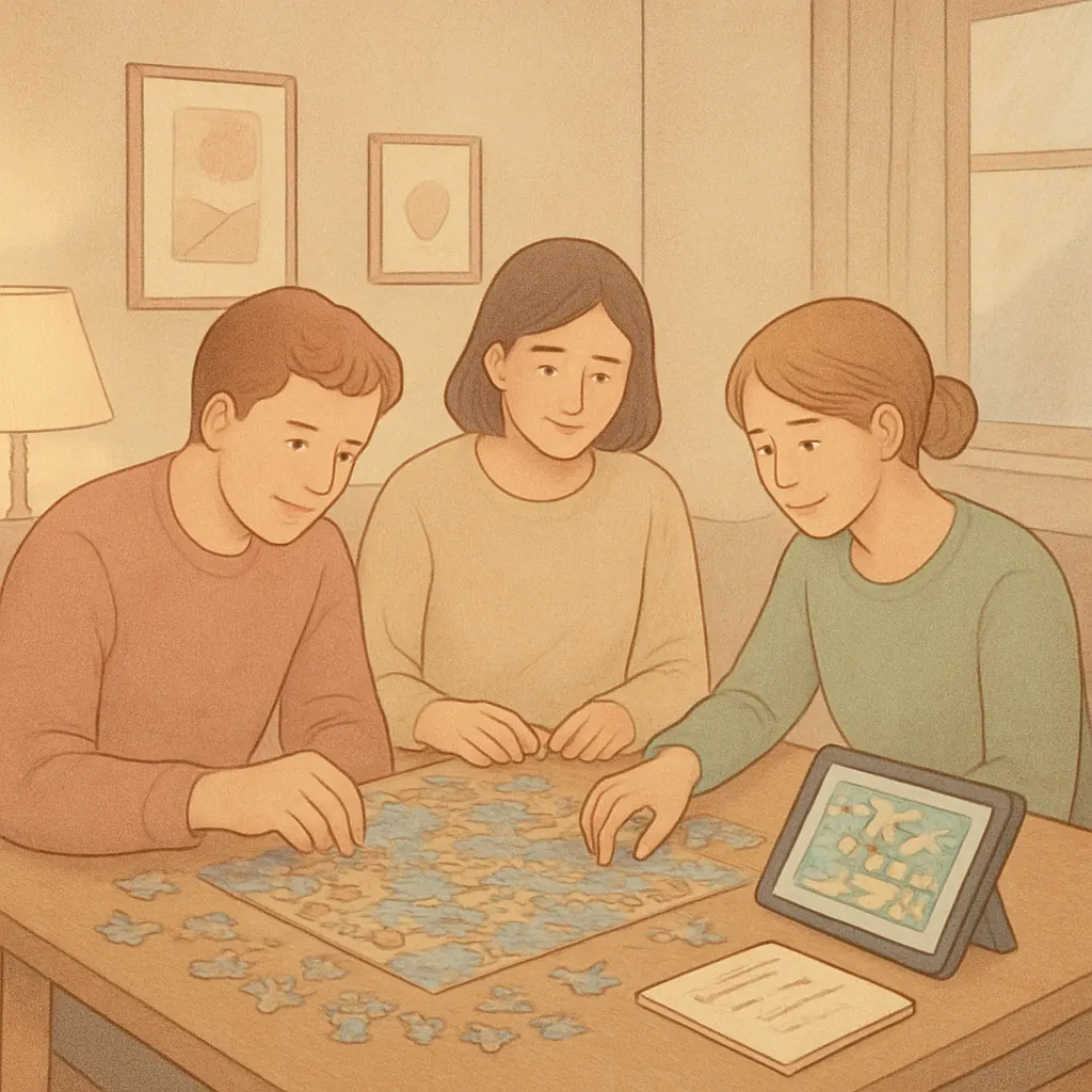 People calmly collaborating on a puzzle around a table with a tablet and notes.