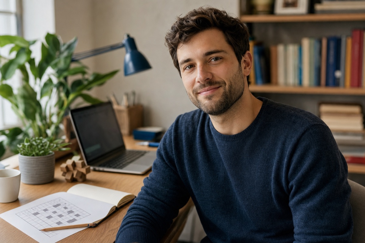 David at his desk with logic puzzle notes