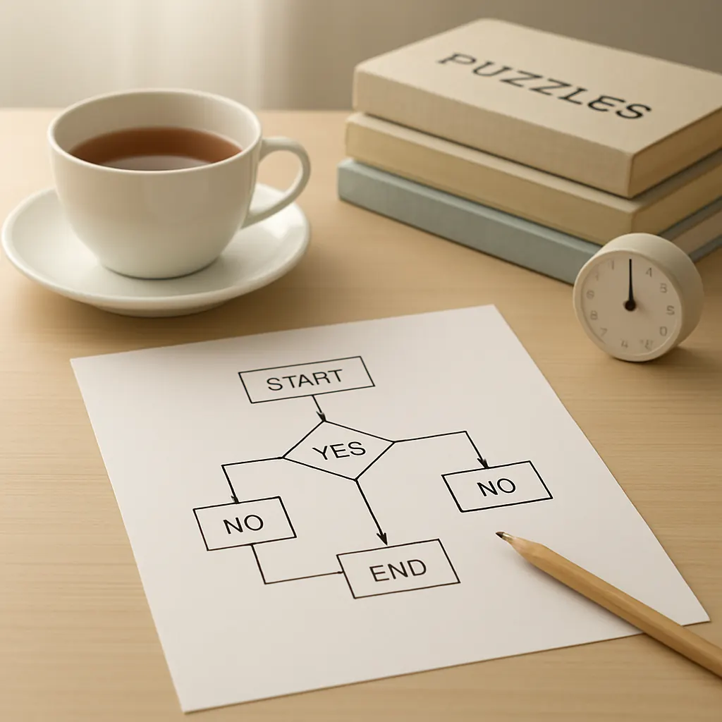 Minimal desk with tea, pencil, printed one-question flowchart and a timer for relaxed puzzle selection.