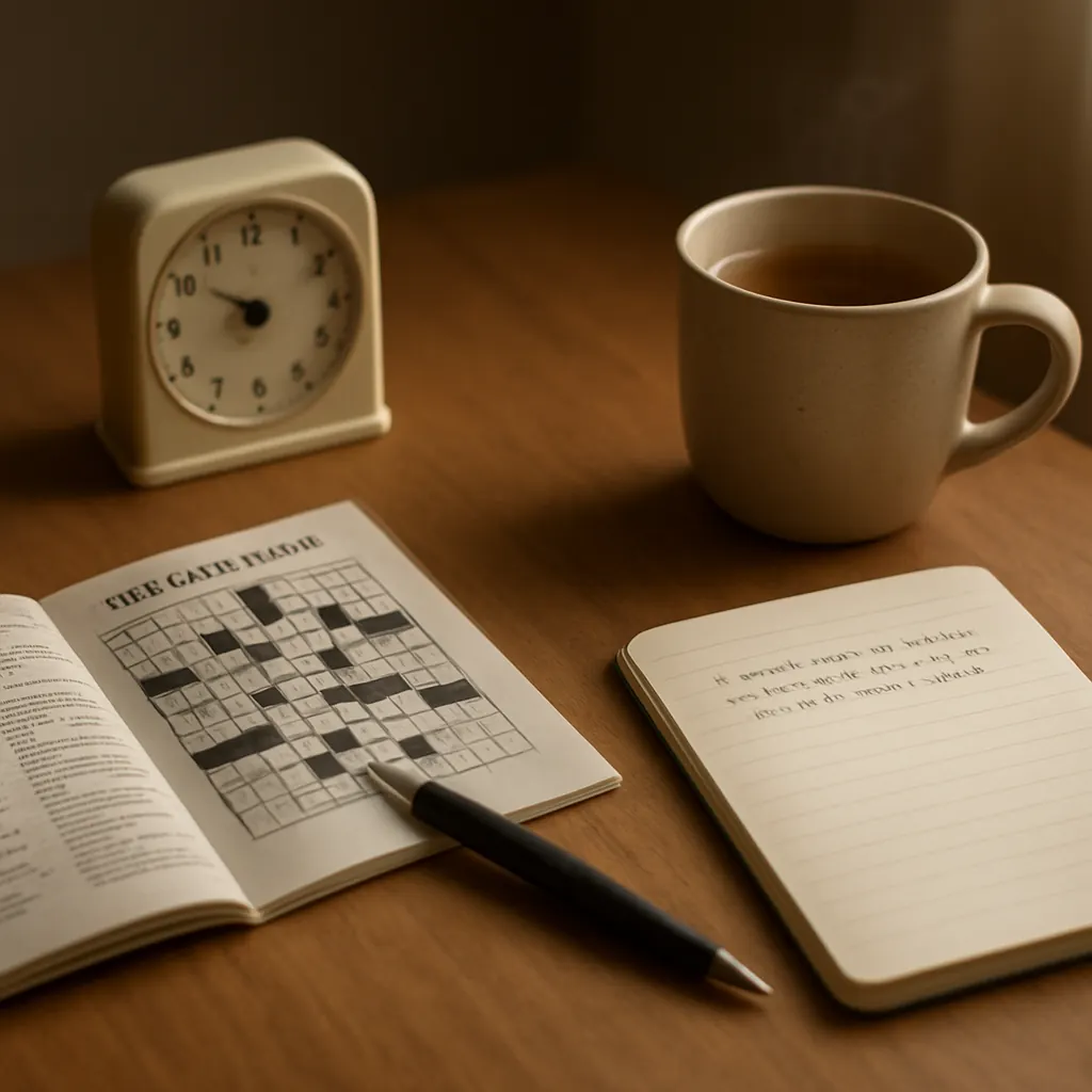 Calm desk with a ten-minute timer, mini crossword, pen, cup of tea, and a small notebook with a short puzzle log.