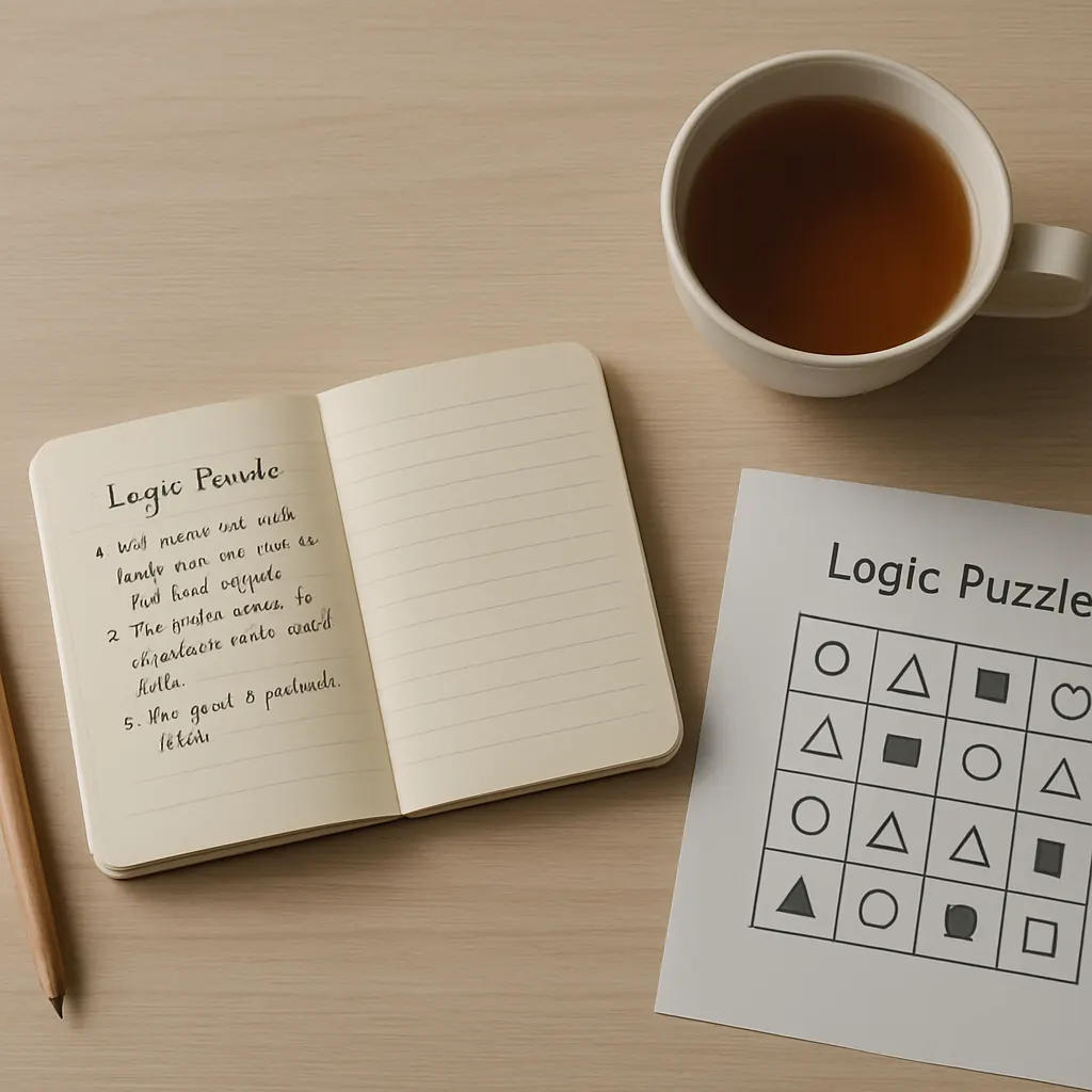 Notebook, pencil, cup of tea, and a partially solved logic puzzle on a tidy desk.