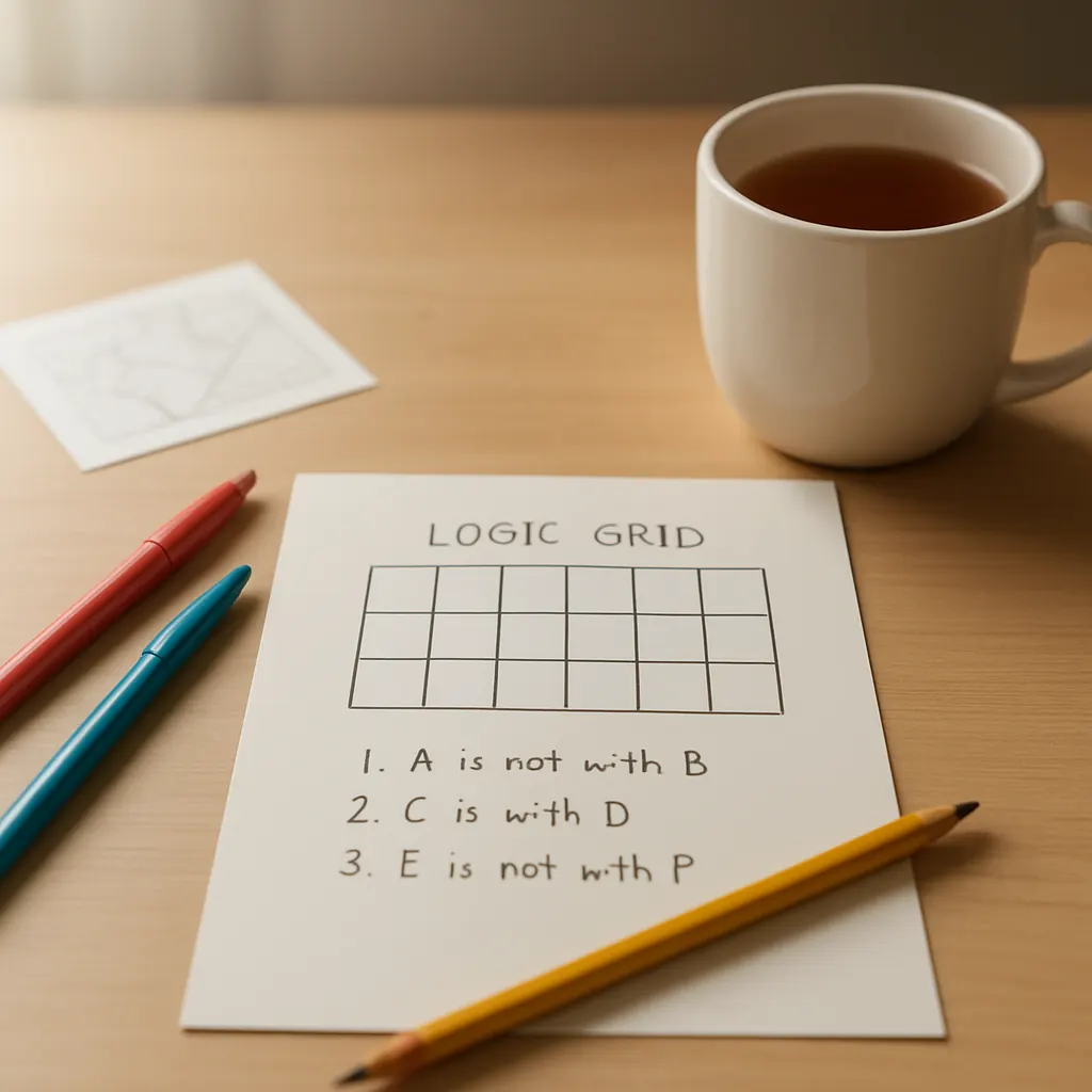 A neat paper logic grid on a desk with pencil, colored pens, and concise handwritten notation.