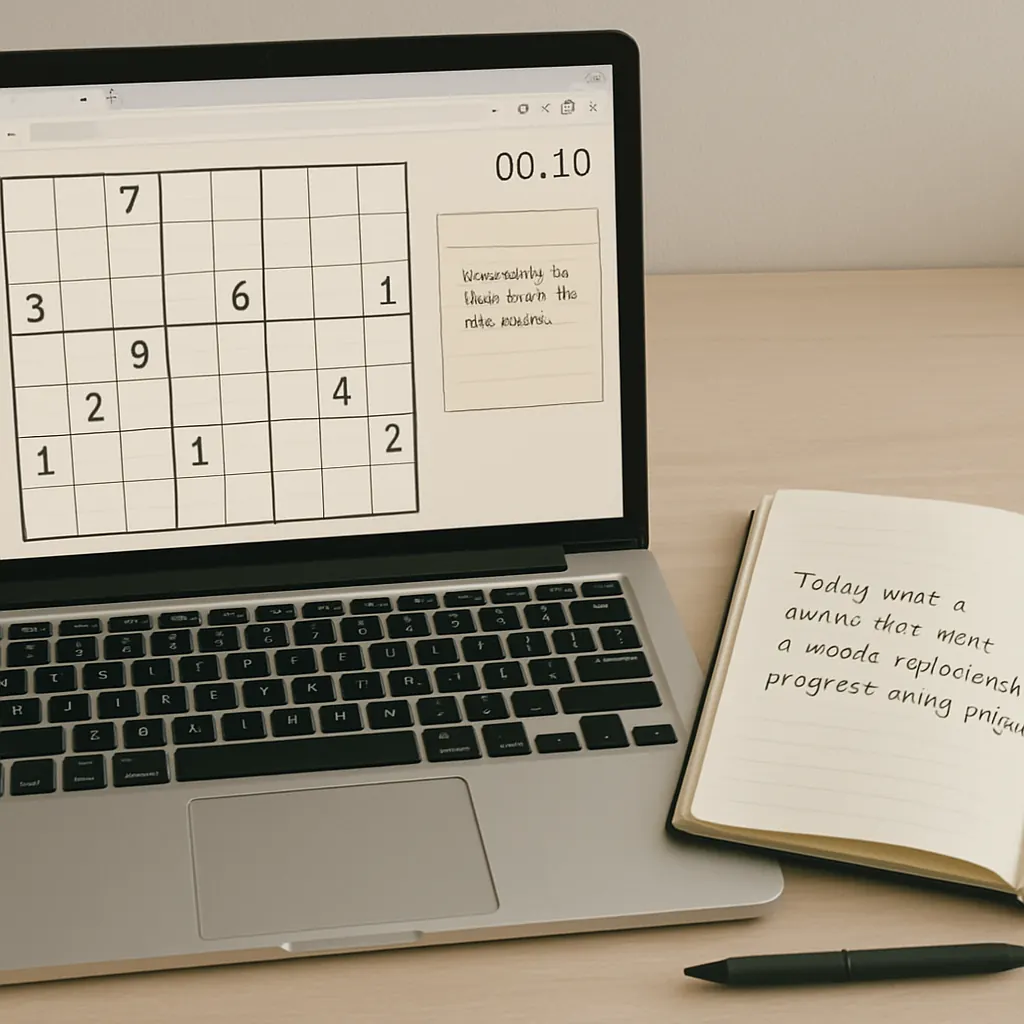 Desk with laptop displaying a puzzle grid, grid overlay, annotated screenshot, and a small journal open next to it.