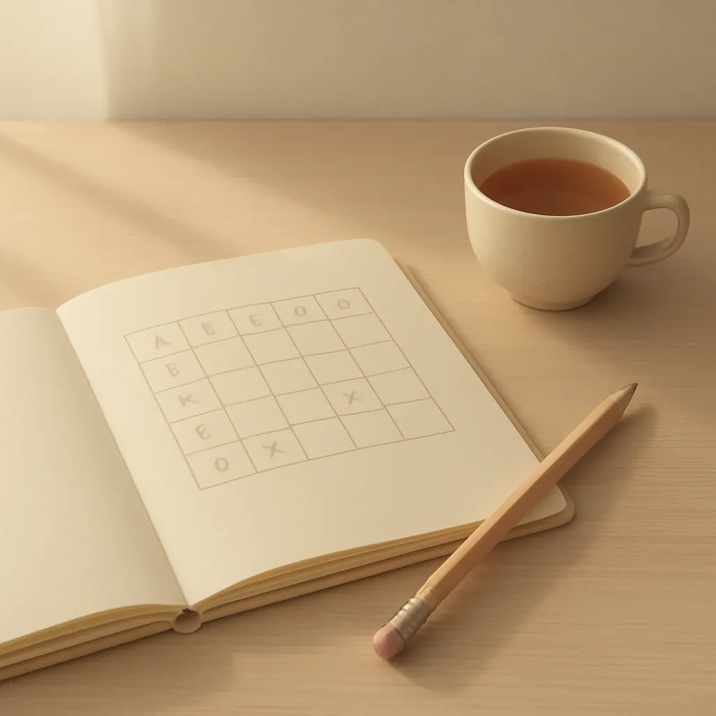 A notebook with a logic grid, a pencil, and a cup of tea on a calm desk.